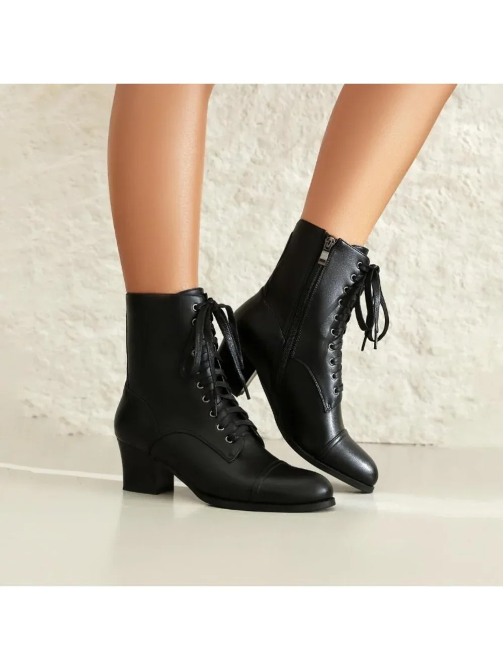 Chic Women's Victorian Lace-Up Ankle Boots with Side Zipper & Chunky Mid Heel